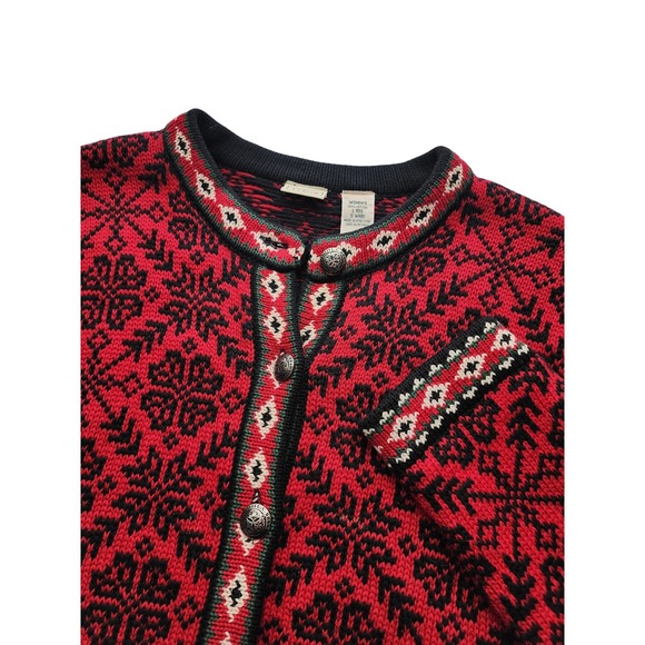 Vintage LL Bean Cardigan Sweater Women's L Red Black Fair Isle Knit Button Up - Picture 1 of 8